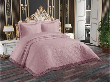 Perla Quilted Bedspread Set, Coverlet 240x260, Pillowcase 50x70, Double Size, Laced, Pink - Thumbnail