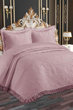 Perla Quilted Bedspread Set, Coverlet 240x260, Pillowcase 50x70, Double Size, Laced, Pink - Thumbnail