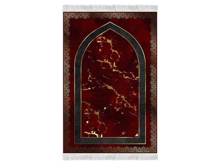 Peyda Velvet Prayer Rug Burgundy - Thumbnail