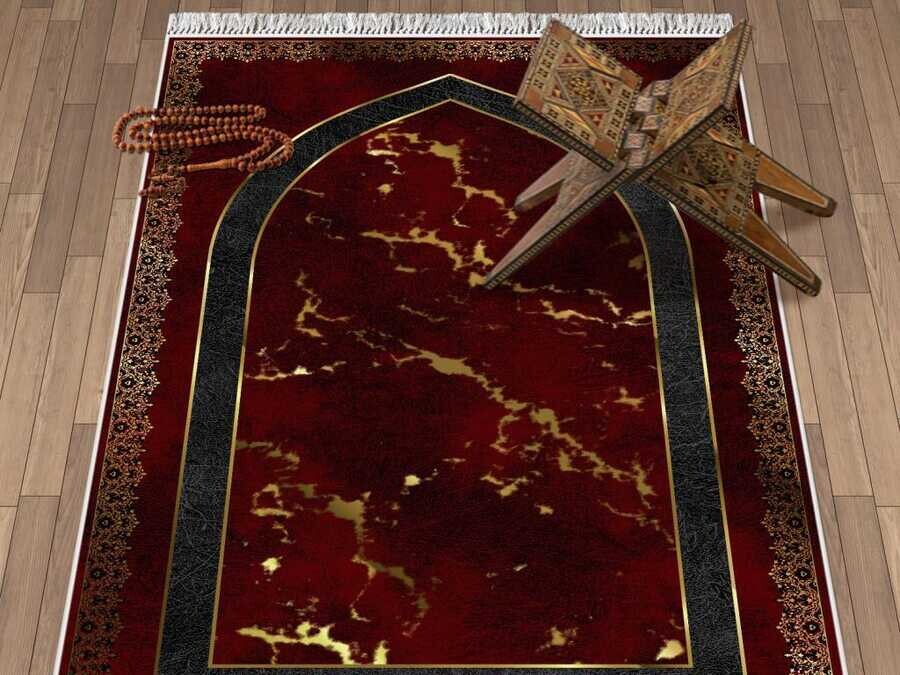 Peyda Velvet Prayer Rug Burgundy - Thumbnail