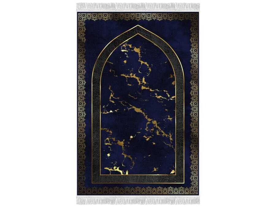 Peyda Velvet Prayer Rug Navy Blue - Thumbnail