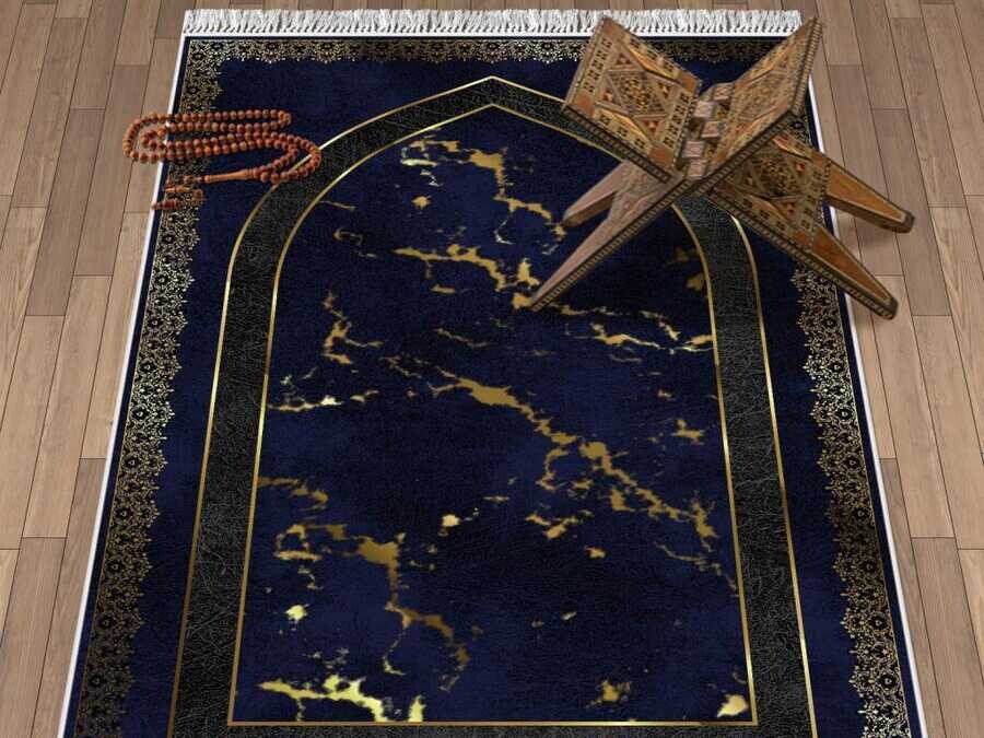 Peyda Velvet Prayer Rug Navy Blue - Thumbnail