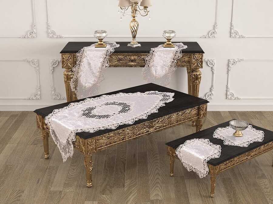 Dowry World - Pırlanta Living Room Table Cover Set 5 Pieces Cream Dowry World - Pırlanta Living Room Table Cover Set 5 Pieces Cream