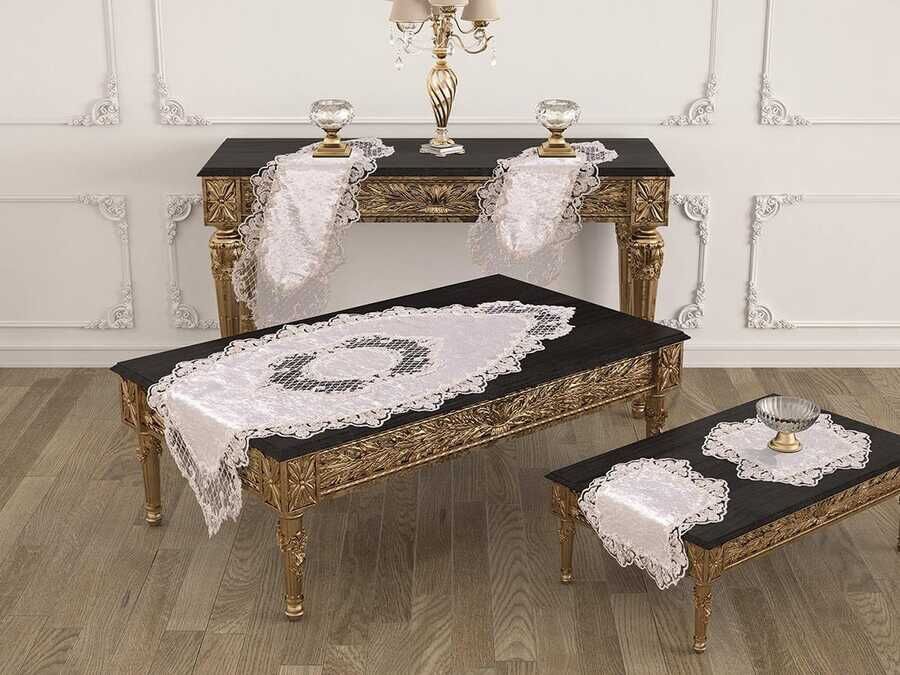 Pırlanta Living Room Table Cover Set 5 Pieces Cream