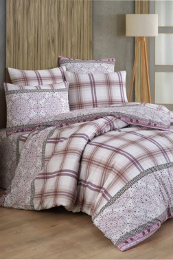 Piroska Bedding Set 3 Pcs, Duvet Cover 160x200, Sheet 160x240, Pillowcase, Single Size, Self Patterned, Queen Bed Daily use Lilac - Thumbnail