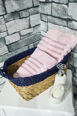 Plain Jacquard Towel Set 2pcs, 100% Cotton, Bath Towel 70x140, Hand Face Towel 50x90 Powder - Thumbnail