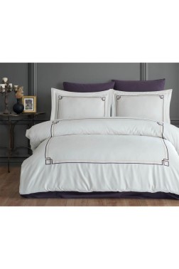 Poem Embroidered 100% Cotton Sateen, Duvet Cover Set, Duvet Cover 200x220, Sheet 240x260, Double Size, Full Size Crem - Plum - Thumbnail