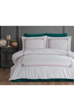 Poem Embroidered 100% Cotton Sateen, Duvet Cover Set, Duvet Cover 200x220, Sheet 240x260, Double Size, Full Size Gray - Green - Thumbnail