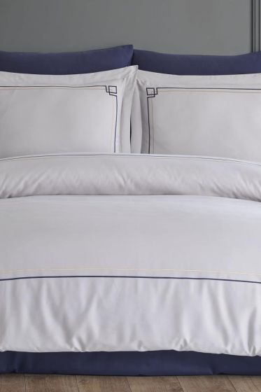 Poem Embroidered 100% Cotton Sateen, Duvet Cover Set, Duvet Cover 200x220, Sheet 240x260, Double Size, Full Size Gray - Navy Blue