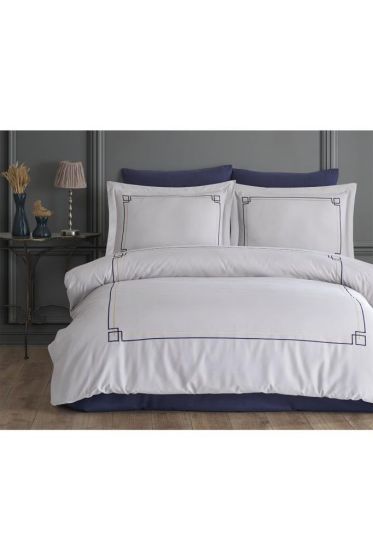 Poem Embroidered 100% Cotton Sateen, Duvet Cover Set, Duvet Cover 200x220, Sheet 240x260, Double Size, Full Size Gray - Navy Blue