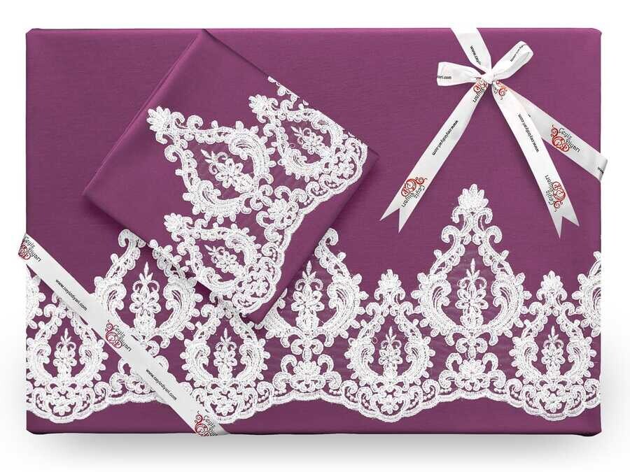 Dowry World - Queenطقم غطاء لحاف مطرز بالتطريز الفرنسي لون البرقوق