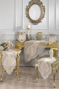 Rain Velvet Runner Set 5 Pieces For Living Room, French Lace, Wedding, Home Accessories, Cappucino - Thumbnail