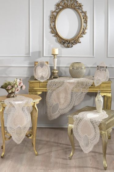 Rain Velvet Runner Set 5 Pieces For Living Room, French Lace, Wedding, Home Accessories, Cappucino