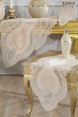 Rain Velvet Runner Set 5 Pieces For Living Room, French Lace, Wedding, Home Accessories, Cappucino - Thumbnail