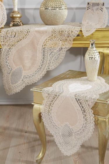 Rain Velvet Runner Set 5 Pieces For Living Room, French Lace, Wedding, Home Accessories, Cappucino