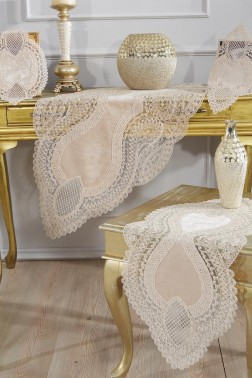 Rain Velvet Runner Set 5 Pieces For Living Room, French Lace, Wedding, Home Accessories, Cappucino - Thumbnail