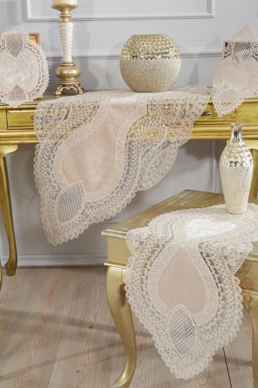 Rain Velvet Runner Set 5 Pieces For Living Room, French Lace, Wedding, Home Accessories, Cappucino