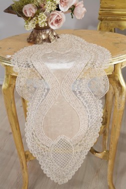 Rain Velvet Runner Set 5 Pieces For Living Room, French Lace, Wedding, Home Accessories, Cappucino - Thumbnail