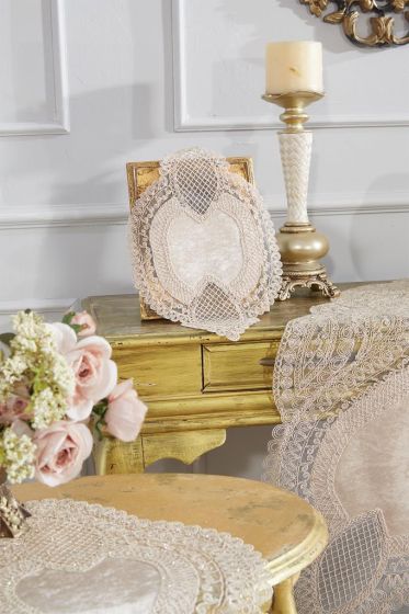 Rain Velvet Runner Set 5 Pieces For Living Room, French Lace, Wedding, Home Accessories, Cappucino