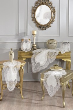 Rain Velvet Runner Set 5 Pieces For Living Room, French Lace, Wedding, Home Accessories, Cream - Thumbnail