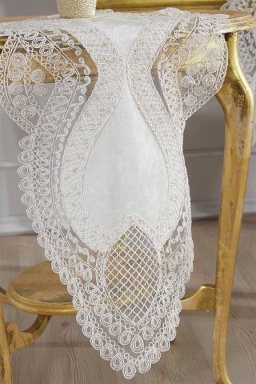 Rain Velvet Runner Set 5 Pieces For Living Room, French Lace, Wedding, Home Accessories, Cream