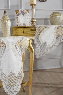 Rain Velvet Runner Set 5 Pieces For Living Room, French Lace, Wedding, Home Accessories, Cream - Thumbnail