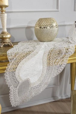 Rain Velvet Runner Set 5 Pieces For Living Room, French Lace, Wedding, Home Accessories, Cream - Thumbnail