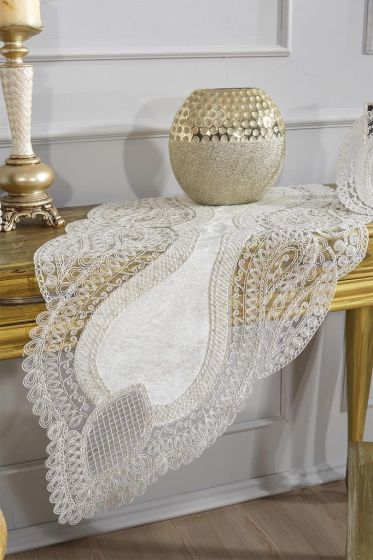 Rain Velvet Runner Set 5 Pieces For Living Room, French Lace, Wedding, Home Accessories, Cream