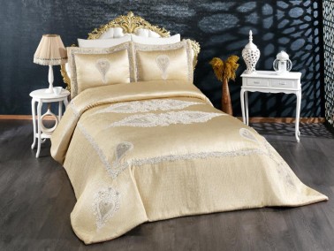 Rana Embroidered Velvet Double Bedspread Cappucino - Thumbnail