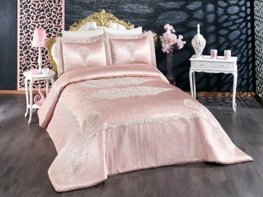 Rana Embroidered Velvet Double Bedspread Powder - Thumbnail