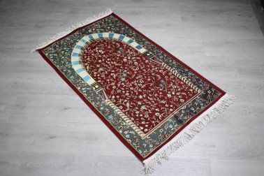 Ravza Chenille Woven Prayer Rug Burgundy - Thumbnail