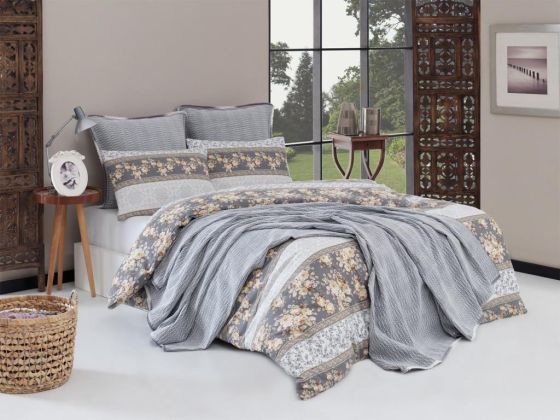 Ren Bedding Set 7 Pcs, Bedspread 200x230, Duvet Cover 200x220, Bed Sheet, Double Size, Self Patterned, Gray