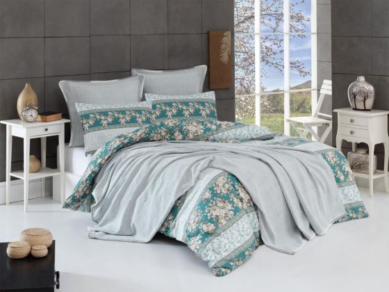 Ren Bedding Set 7 Pcs, Bedspread 200x230, Duvet Cover 200x220, Bed Sheet, Double Size, Self Patterned, Green