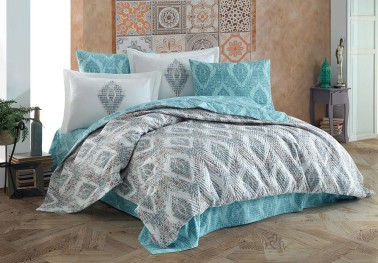 Retro Double Quilted Duvet Cover Set Mint - Thumbnail