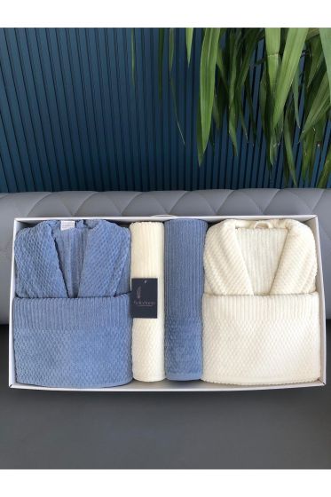 Rip Striped 6 Piece Family Sauna and Bath Set, Bathrobe, Bath Towel 90x150, Hair Towel 50x90, Cream Indigo