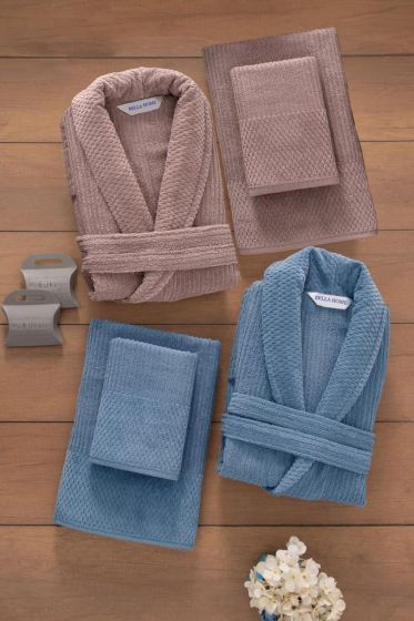 Rip Striped 6 Piece Family Sauna and Bath Set, Bathrobe, Bath Towel 90x150, Hair Towel 50x90, Cream Indigo Dry Rose