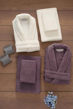Çeyiz Diyarı - Rip Striped 6 Piece Family Sauna and Bath Set, Bathrobe, Bath Towel 90x150, Hair Towel 50x90, Cream Plum
