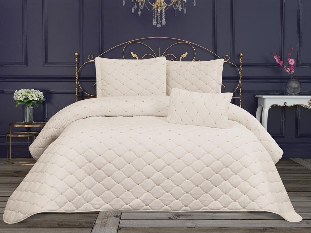 Roma Velvet Fabric Filled Double Bedspread Cream