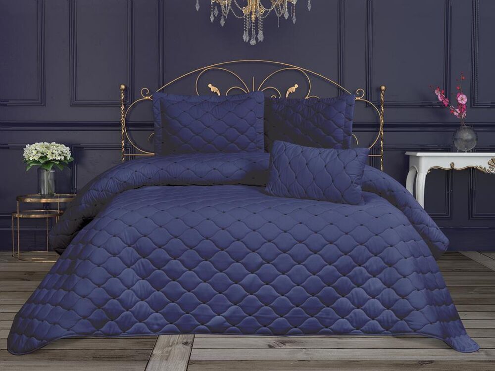 Roma Velvet Fabric Filled Double Bedspread Navy Blue