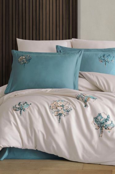 Root Embroidered 100% Cotton Sateen, Duvet Cover Set, Duvet Cover 200x220, Sheet 240x260, Double Size, Full Size Champagne