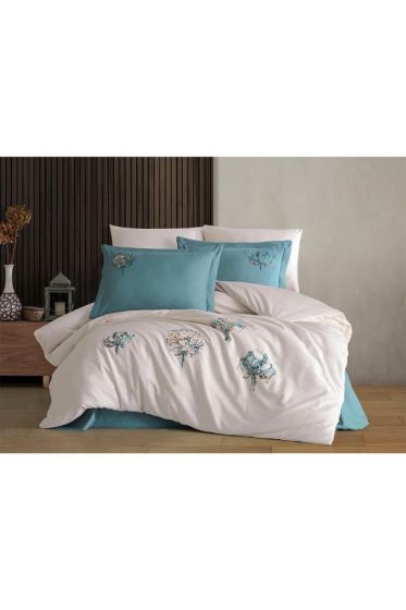 Root Embroidered 100% Cotton Sateen, Duvet Cover Set, Duvet Cover 200x220, Sheet 240x260, Double Size, Full Size Champagne