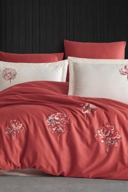 Root Embroidered 100% Cotton Sateen, Duvet Cover Set, Duvet Cover 200x220, Sheet 240x260, Double Size, Full Size Orange - Thumbnail