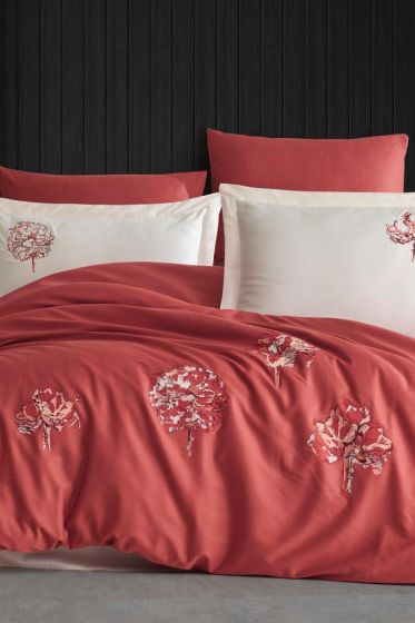 Root Embroidered 100% Cotton Sateen, Duvet Cover Set, Duvet Cover 200x220, Sheet 240x260, Double Size, Full Size Orange