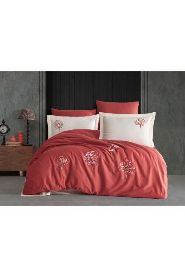 Root Embroidered 100% Cotton Sateen, Duvet Cover Set, Duvet Cover 200x220, Sheet 240x260, Double Size, Full Size Orange