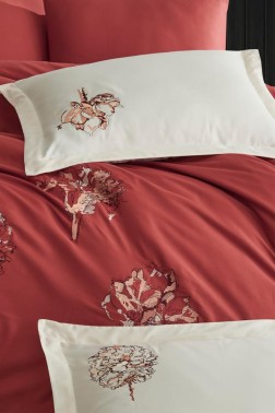 Root Embroidered 100% Cotton Sateen, Duvet Cover Set, Duvet Cover 200x220, Sheet 240x260, Double Size, Full Size Orange - Thumbnail