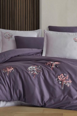 Root Embroidered 100% Cotton Sateen, Duvet Cover Set, Duvet Cover 200x220, Sheet 240x260, Double Size, Full Size Plum - Thumbnail