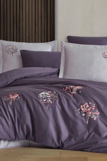 Root Embroidered 100% Cotton Sateen, Duvet Cover Set, Duvet Cover 200x220, Sheet 240x260, Double Size, Full Size Plum