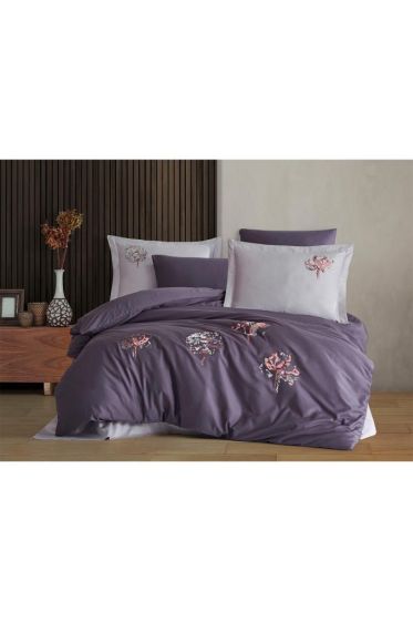Root Embroidered 100% Cotton Sateen, Duvet Cover Set, Duvet Cover 200x220, Sheet 240x260, Double Size, Full Size Plum
