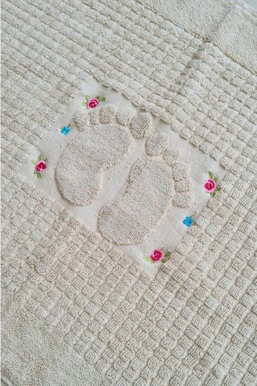 Rose Embroidered Cotton Foot Towel 50x70 cm Beige