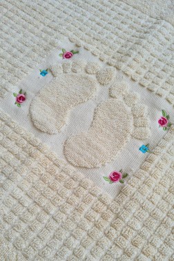 Rose Embroidered Cotton Foot Towel 50x70 cm Cream - Thumbnail